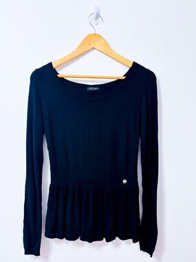 CRISTINAEFFE Black Ruffle Hem Long Sleeve Knit Peplum Top Size 42 IT